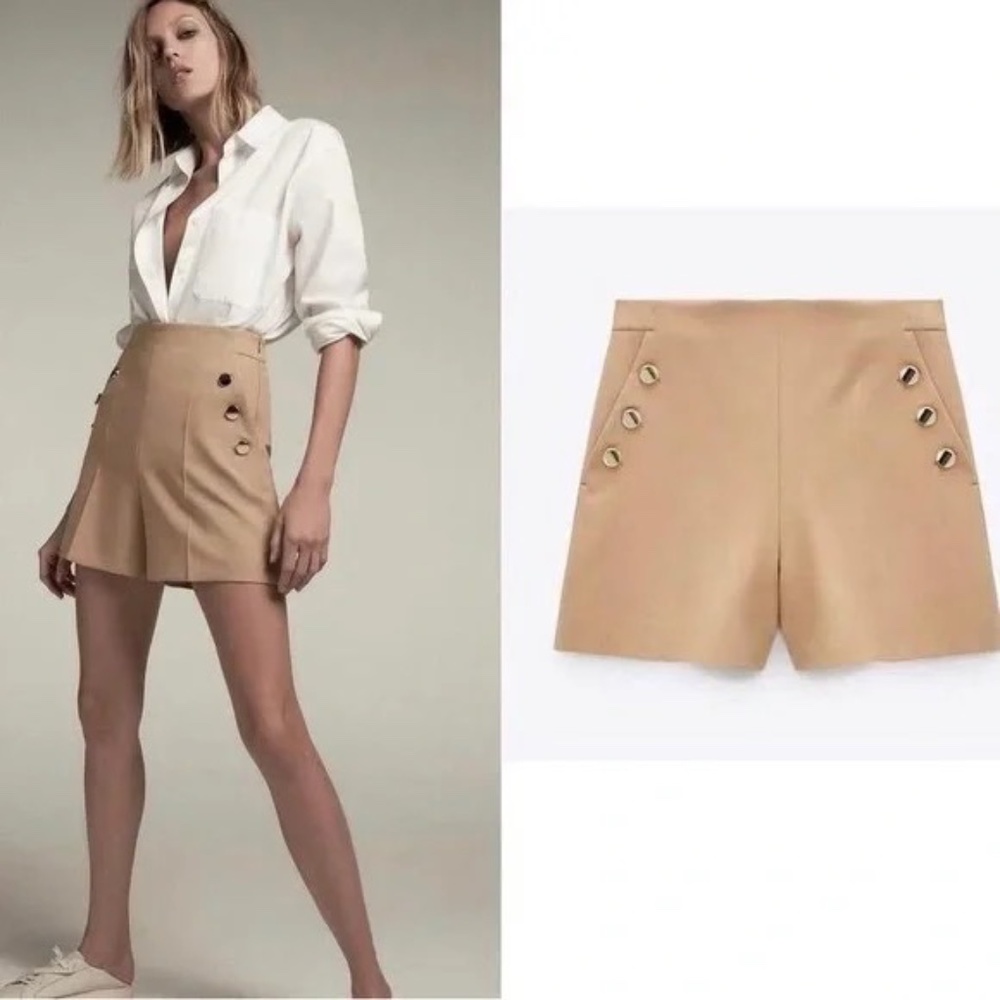 ZARA Sailor Nautical Short with Gold Buttons Classic Camel S